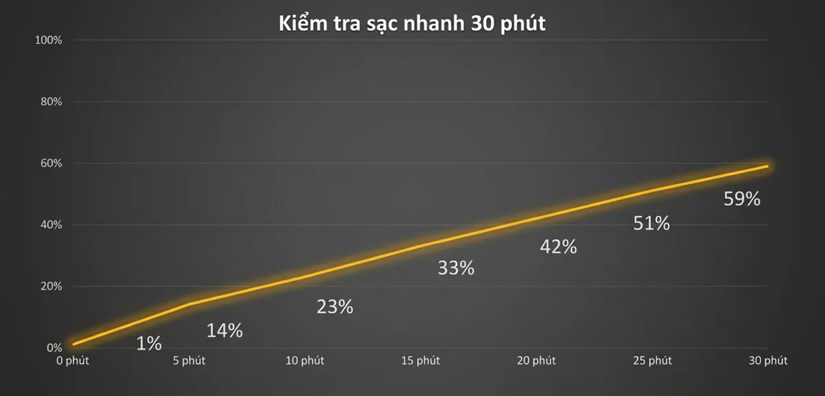 منحنى الشحن خلال 30 دقيقة في اختبار mobilecity (يصل إلى 59%) — المصدر: mobilecity.vn
