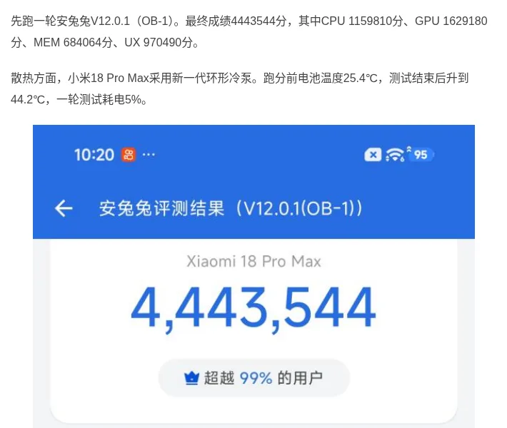 لقطة من AnTuTu: نتيجة AnTuTu V12 البالغة 4,443,544 نقطة — المصدر